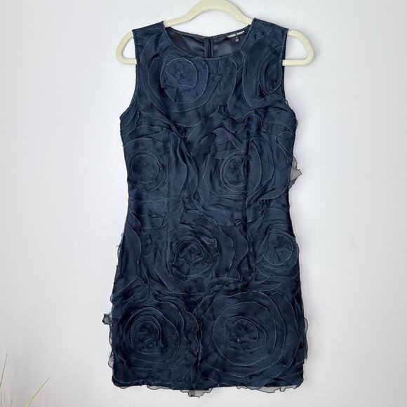 Samuel Dong 100% Silk 3D Rosette‎ Brodee Organza Shift Dress Size 8 Black - Picture 1 of 9